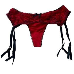 Y2K GARTER BELT THONG PANTIES SUSPENDERS RED BLACK LACE SZ S WHIMSICAL MYSTERY
